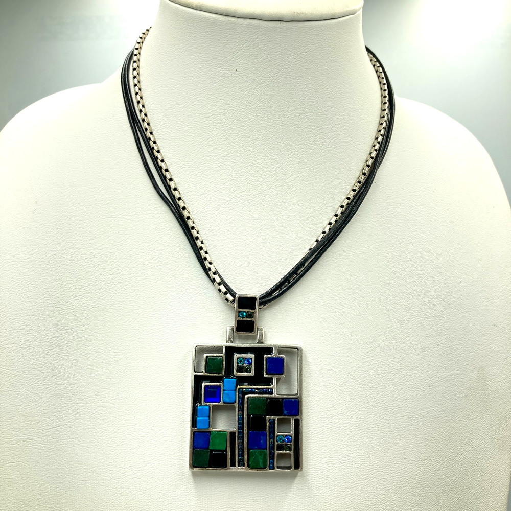 Chico's Necklace Pendant Silver Tone Geometric Mosaic Blue Green Tile Rhinestone